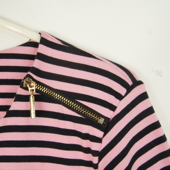 Anne Klein Baby Pink Black Stripe Gold Zipper Shoulder Long Sleeve Top - Picture 2 of 2
